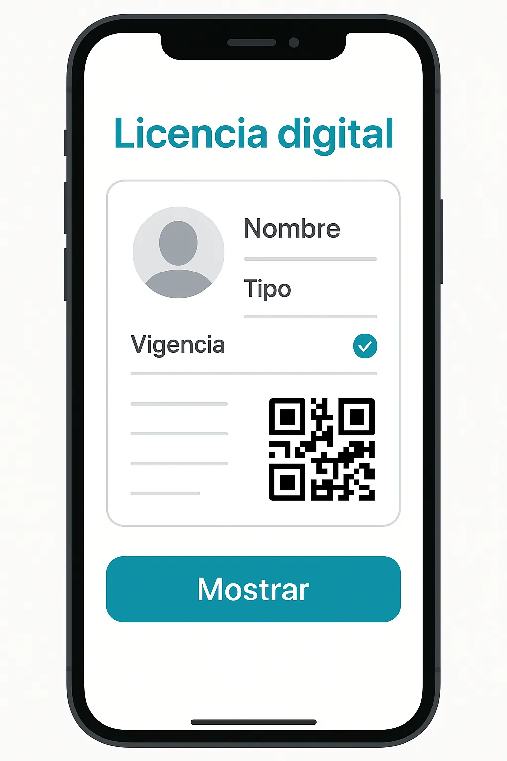 Ejemplo ilustrativo de cómo se ve la licencia dentro de la app. La app real de tu estado puede variar.