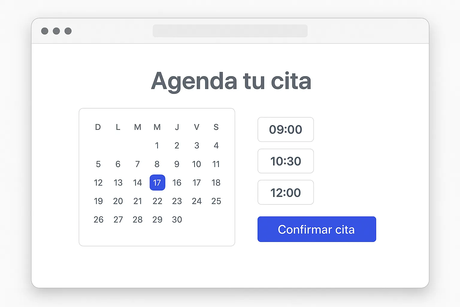 Ejemplo ilustrativo de una pantalla para agendar cita. El canal y el diseño reales los indica el portal oficial.