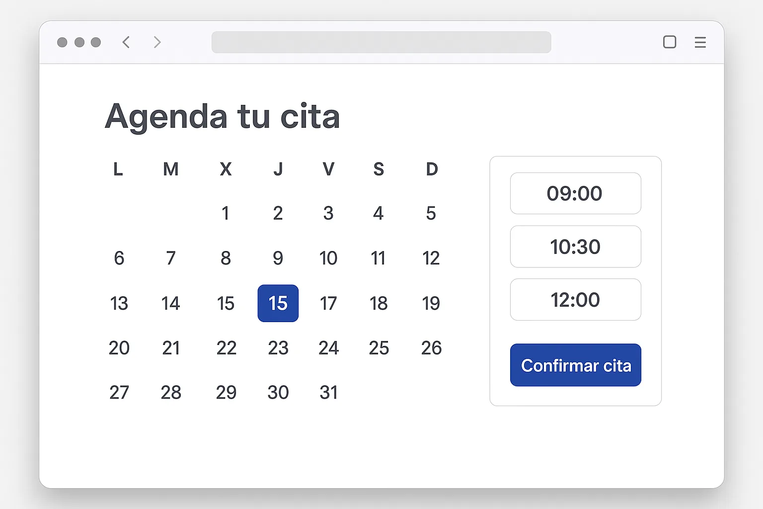 Ejemplo ilustrativo de una pantalla para agendar cita. El canal y el diseño reales los indica el portal oficial.